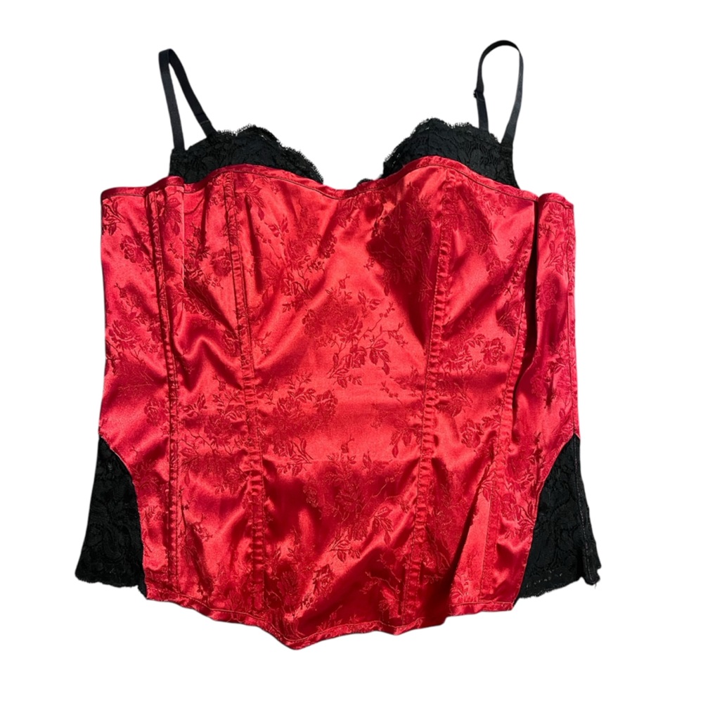 Frederick’s of Hollywood Vintage Corset Bra Red Black 38 Floral lace